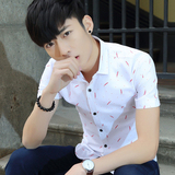 花衬衫男短袖衣服夏季青年宽松格子条纹韩版修身薄款商务衬衣上衣