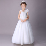 童装女童公主裙夏装儿童晚礼服钢琴表演拖尾白色婚纱裙中大童长裙