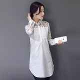 2016春季新款韩版女装上衣拼接通勤纯色修身中长款蕾丝长袖衬衫