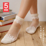 5双装2016新款超薄水晶短丝袜 高品质棉底蕾丝玻璃冰丝女士短袜子