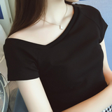 A哚啦2016夏装新款韩版时尚个性不规则领子修身T恤上衣女潮6325