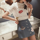 D哚啦2016夏装新款韩版贴布刺绣蕾丝衫+牛仔半身短裙两件套女5565