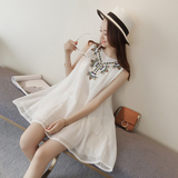 A夏装2016新款韩版时尚学生刺绣民族风圆领无袖连衣裙A字裙女7425