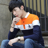 学生青少年男士秋季长袖带领打底衫拼接韩版修身立领翻领POLO衫男