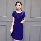 2016夏季新款女装韩版修身显瘦纯色连衣裙收腰大码圆领包臀短袖裙