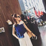 2016夏季女装韩版蓝白几何拼接撞色短款绑带修身圆领无袖背心上衣