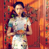 密扇新款中国风女装设计师原创印花短袖小廓形修身改良旗袍连衣裙