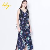 Lily2016夏正品代购116220C7121OL无袖长款印花收腰连衣裙