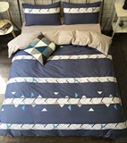 全棉简约四件套深蓝色条纹床单式纯棉1.5/1.8m米双人被套床上用品