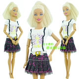 Barbie芭比可儿丽芙娃娃裙子套装 芭比娃娃衣服 休闲白上衣牛仔裙