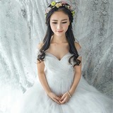 2016新款一字肩简约抹胸拖尾韩式新娘修身大码露背爱心领婚纱礼服