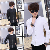 秋季青年男士长袖衬衫学生青少年修身韩版常规全棉打底衫白色衬衣