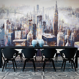 时尚复古油画墙纸 纽约城市风景卧室餐厅背景墙壁纸 艺术大型壁画