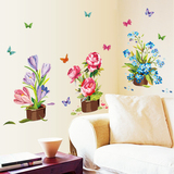 新款浪漫温馨手绘画绿色田园客厅卧室沙发背景玄关墙贴纸鲜花花瓶
