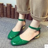 韩版气质春女鞋方头漆皮脚环扣带电镀圆跟低跟时尚单鞋黑粉绿2016