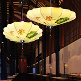 新中式布艺灯笼仿古典吊灯餐厅茶楼会所走廊创意艺术手绘荷花灯具