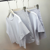 现货韩国东大门代购圆领拼接条纹T恤+半身裙学院两件套套装