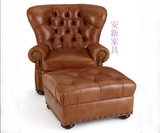 美式复古老虎椅单人沙发小户型拉扣休闲沙发客厅会客皮艺沙发皮革