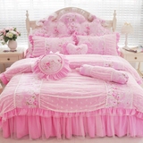 全棉韩版粉色蕾丝四件套公主风 纯棉荷叶花边被套床裙床罩紫色