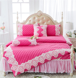 纯棉加厚欧式夹棉床盖四件套纯色  全棉公主结婚庆床裙式床上用品