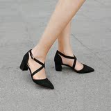 夏季女鞋33韩版粗跟尖头中空绒面5厘米中跟单鞋绑带小码女鞋春秋