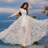 白色仙女气质度假大摆长裙重工立体花朵绣花吊带蕾丝V领长款裙子