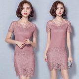 韩版春夏季新款性感修身蕾丝连衣裙中长款雷丝雪纺打底衫通勤女装