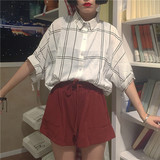韩版新品文艺复古宽松衬衫女蝙蝠衫五分袖短款格子波点外套学生装