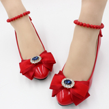 水钻婚鞋红色高跟鞋水晶女结婚鞋蓝宝石蝴蝶结蕾丝平跟低跟新娘鞋