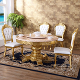 欧式餐桌椅组合大理石金色圆形饭桌简约法式实木雕花餐桌转盘饭桌