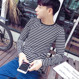 韩版青年男士圆领条纹外穿秋衣上衣秋天长袖T恤桖男土修身衣服潮