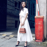 维希2016夏季新款韩版时尚短袖修身连衣裙女棉麻纯色中长款衬衫潮
