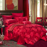 欧式床上用品贡缎提花四件套结婚庆大红色1.8米2.0m床单被套4件套