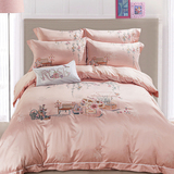 纯色天丝绣花全棉四件套床单式1.8m纯棉2.0贡缎床上用品双人被套