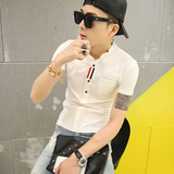 2016夏季新款韩版时尚贴布设计男士短袖衬衫口袋潮流青年短袖衬衫