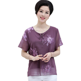 2016韩版夏季中老年妈妈装圆领套头宽松大码印花短袖T恤雪纺衫女