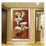 欧式无框单幅竖版玄关百合花油画过道走廊挂画手绘马蹄莲装饰油画