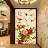 3D立体玄关过道走廊壁纸 中式餐厅竖版画 大型壁画牡丹九鱼图墙纸