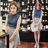 2016夏季韩版新款女装无袖薄针织衫小清新条纹短裙两件套套装裙子