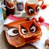 呆萌猫头鹰创意手绘釉下彩陶瓷餐具碗盘套装可爱杯子儿童节礼物