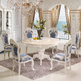 欧式天然大理石餐桌实木雕花组装白色圆形桌椅组合饭桌餐转盘