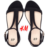 2016夏季新款 HM平跟露趾编织细带镂空民族风黑色女平底学生凉鞋