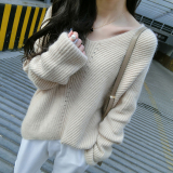 2016新款春装韩版短款V领螺纹毛衣女纯色长袖宽松套头休闲针织衫