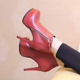 欧美冬季新款骑士靴防水台细跟女靴高跟鞋时尚简约酒红色短靴裸靴