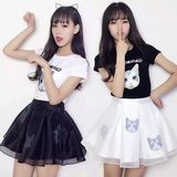 2016夏韩版套装女学生两件套裙子猫咪印花学院风蓬蓬裙欧根纱短裙