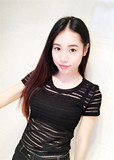 2016夏韩国新款黑色t恤女短袖圆领闺蜜装透视条纹个性性感上衣潮