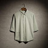 秋季韩版潮流学生青年男士七分袖纯色衬衫小清新修身休闲白色衬衣