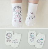 春夏季男孩女孩全棉不对称短袜素描儿童袜婴儿宝宝纯棉防滑地板袜