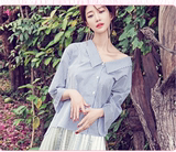 2016夏季韩新品高俊熙明星时尚同款蓝色条纹套头衬衫女单排扣