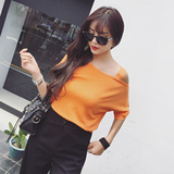 2016夏季新款女装 韩版纯色蝙蝠型短款单肩吊带露肩短袖针织衫T恤